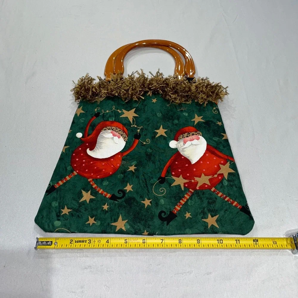 Christmas Santa Claus Wooden Handle Tote Bag Green Gold Tinsel Holiday Handbag